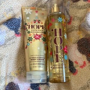 Bath and Body Works Hope Winter Peach and Marshmallow lotion and spray